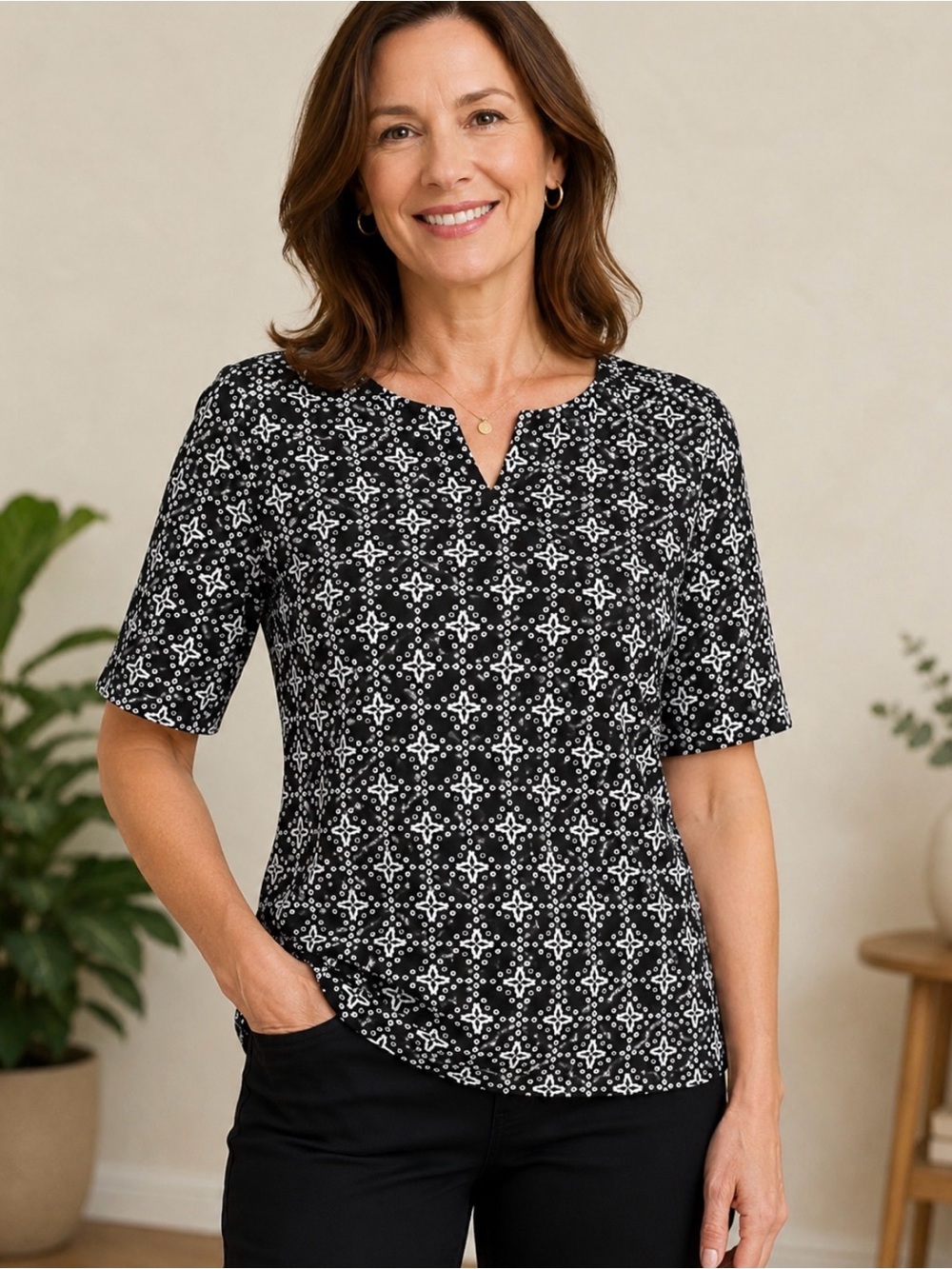 croft & barrow Black and White Short Sleeve Patterned Top